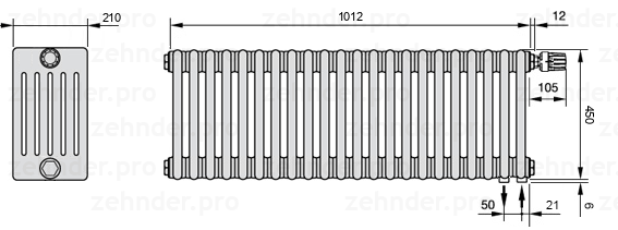 Схема (чертеж) Радиатор Zehnder Charleston 6045/22 №V002 Белый глянцевый RAL 9016